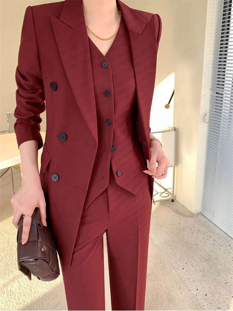 Burgundy Suit Set Women Spring 2023 Office Ladies Lapel Single Breasted Vest Wide Leg Pants Blazer Three Piece Set.