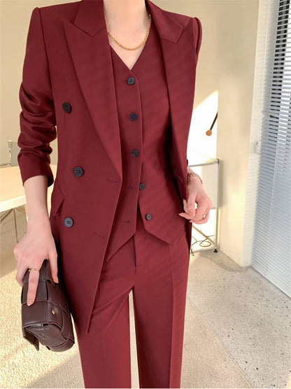 Burgundy Suit Set Women Spring 2023 Office Ladies Lapel Single Breasted Vest Wide Leg Pants Blazer Three Piece Set.