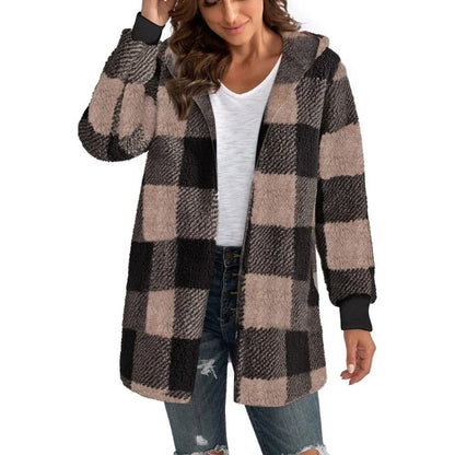 Frauen Herbst Winter Doppel Fleece Plaid Strickjacke Weiche Lose Lange Hülse Plüsch Warme Mit Kapuze Jacke Weibliche Patchwork Oberbekleidung Mantel