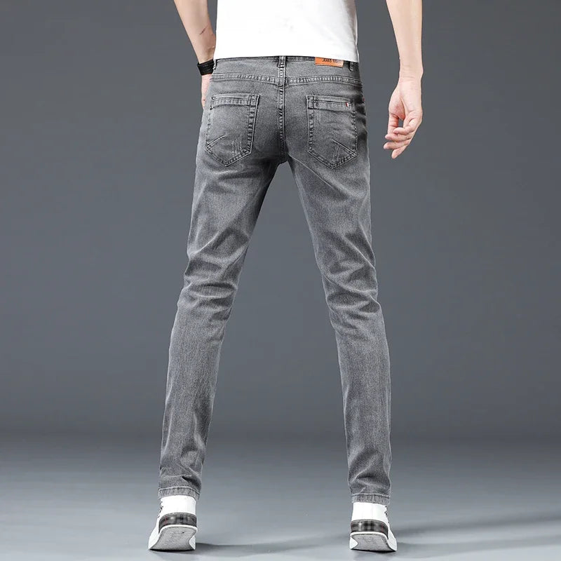 2024 New Men's Cotton Business Casual Skinny Jeans Trendy Fashionable Stretch Straight Slim Denim Trousers Male Blue Grey.
