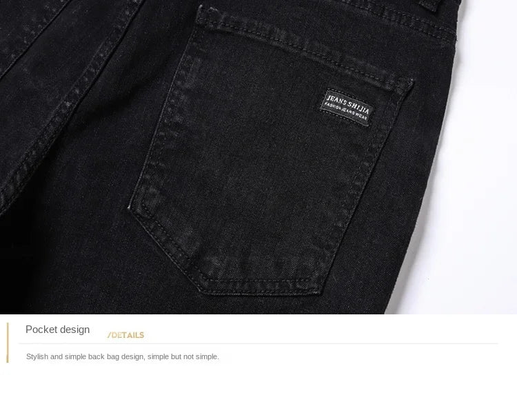 Spring Autumn New Men's Pure Black Slim Jeans Elastic Straight Pants Business Fashion Leisure Korean Vintage Denim Pants Male