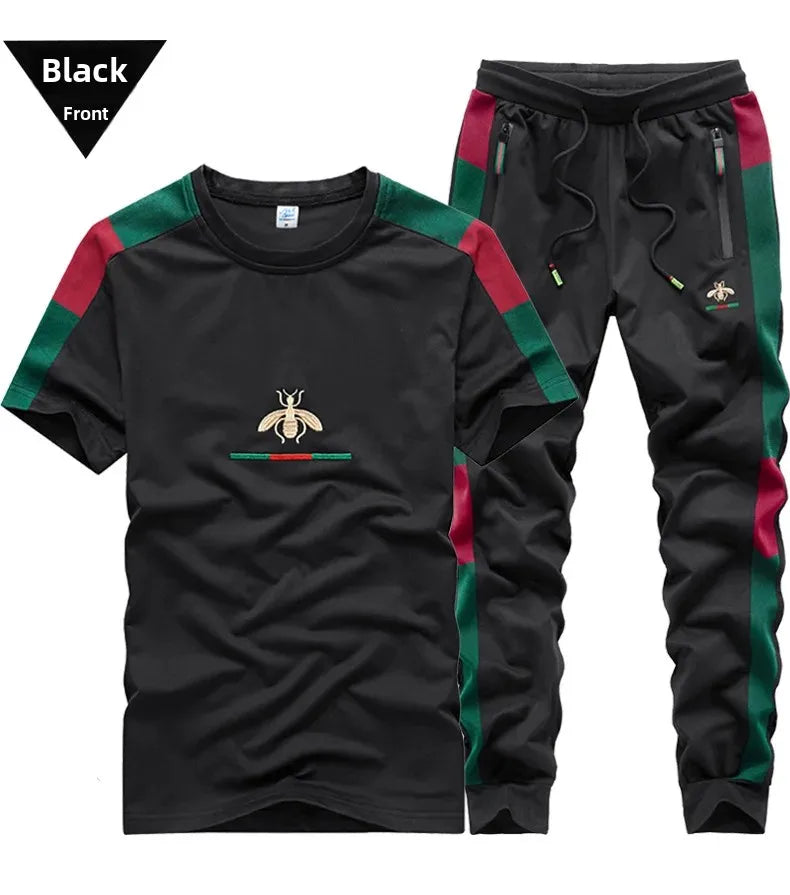 Casual Embroidered Short Sleeve Long Pants Set round Neck Two Piece Set Men's Fashionable Korean Style Spring Autumn Wear.