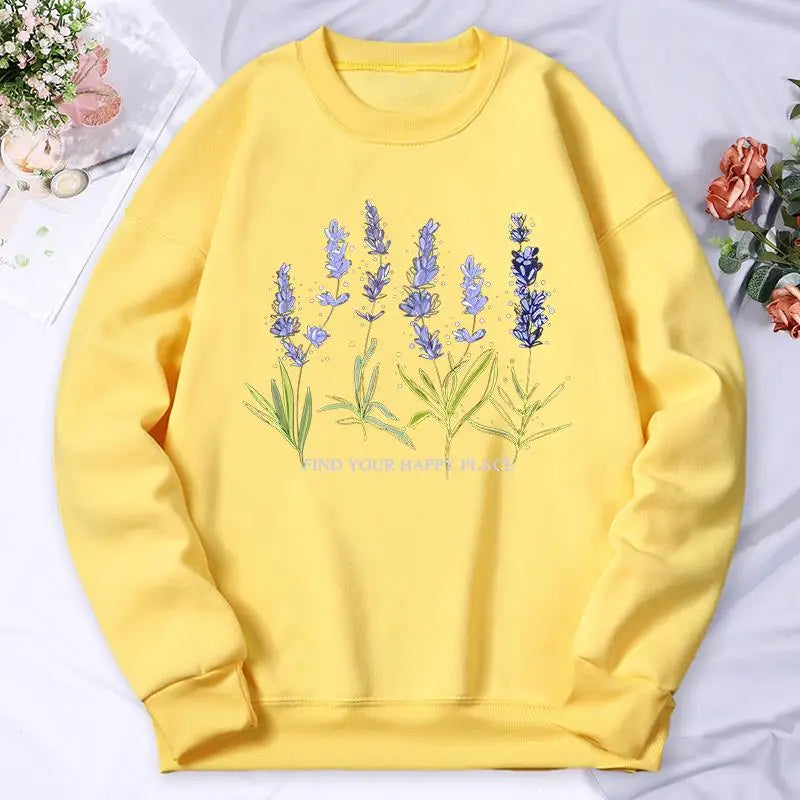 Beautiful Of Lavender Printing Women Hoodie Street Fleece Hoody Crew Neck Autumn Sweatshirt Hip Hop Oversize Clothing Female.