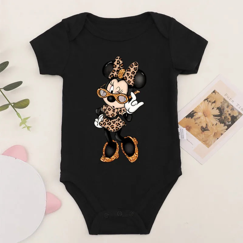 Niedliche Leopard Minnie Maus Disney Newbron Bodys Baby Kleidung Sommer Kurzarm Baumwolle Minnie Kawaii Stram pler Overall