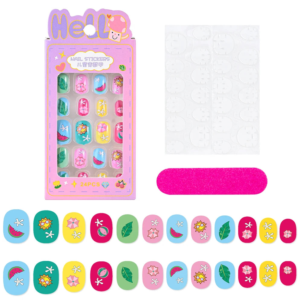 24Pcs/box Kids nails for Girl Cartoon Pattern False Nail Cute Child Fake Nails Tips Kawaii Acrylic Artificial Press on Nail+Tool