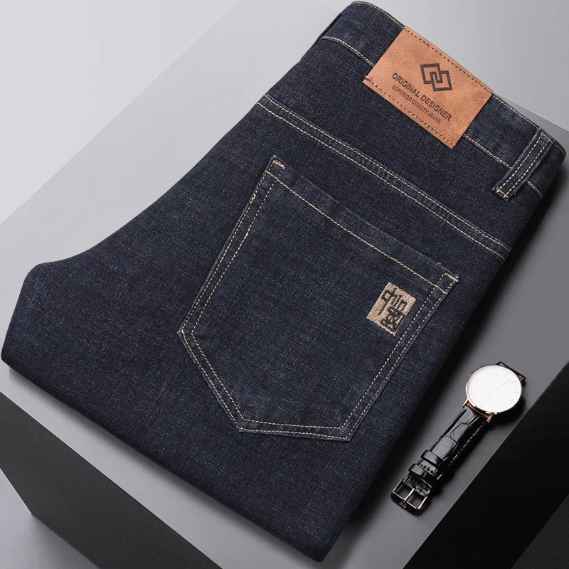 2024 New Brand Men's Fit Straight Lightweight Cotton Stretch Denim Pants Casual Male High Waist Thin Light Blue Business Jeans