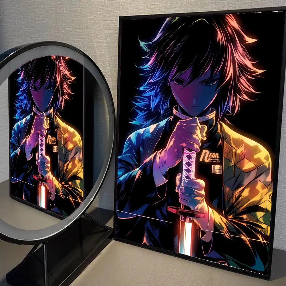 1pc Neon Effect Japan Anime Demon Slayer Tanjiro Nezuko Character Poster Self-adhesive Art Waterproof Paper Sticker Wall Decor