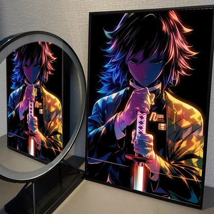 1pc Neon Effect Japan Anime Demon Slayer Tanjiro Nezuko Character Poster Self-adhesive Art Waterproof Paper Sticker Wall Decor