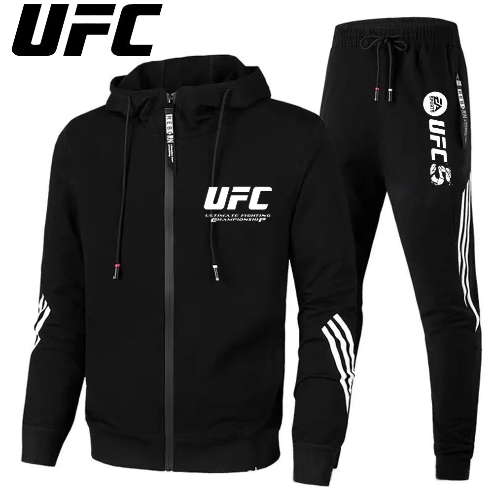 UFC New Frontier Men's Casual Sports Set Fashion Zipper Jacket Running Women's Men's Sports Set UFC Printed Outdoor Hoodie Set.