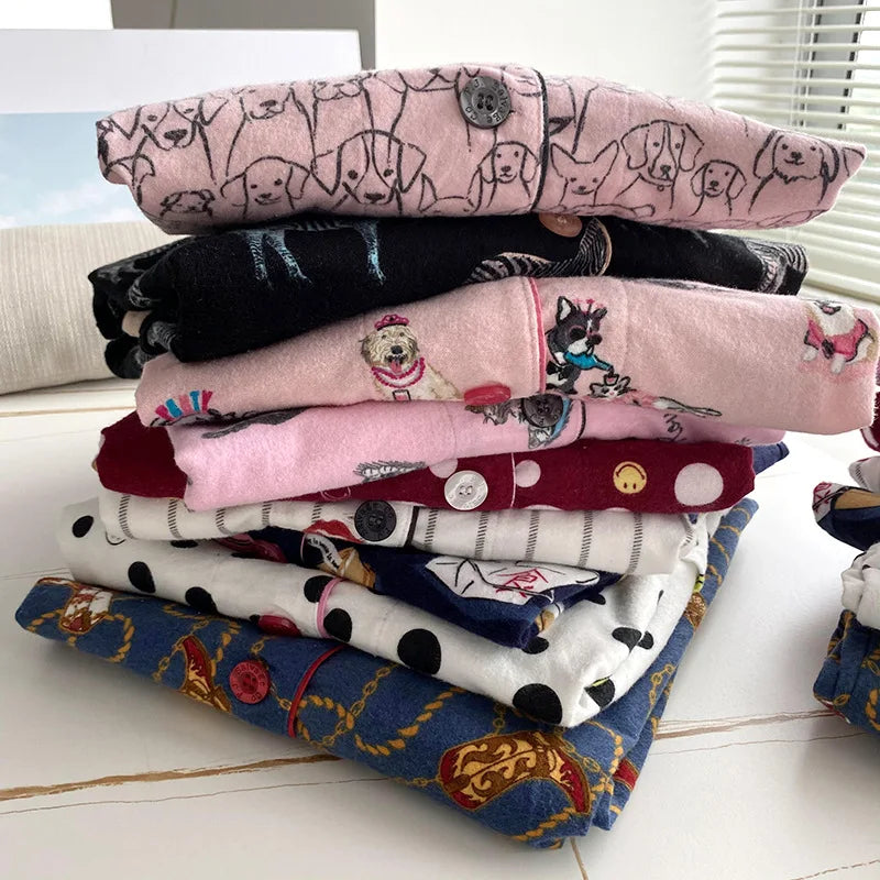 2025 New Pajamas Suit Cotton 2 Piece Set Women Print Cartoon Nightwear Long Sleeve Trousers Set Autumn Loungewear Home Clothes