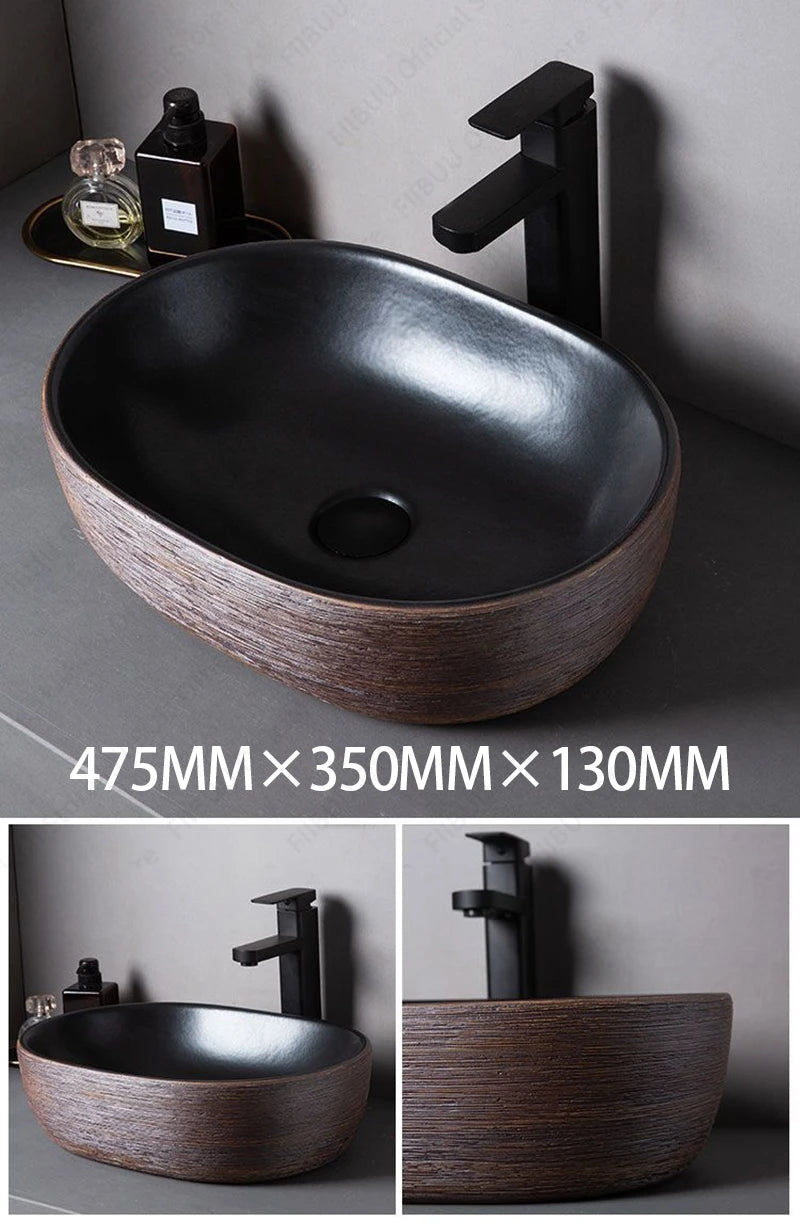 Braunes Porzellan-Keramik-Waschbecken über der Theke, Waschtisch, Schüsselbecken, Badezimmer, Sanitär, Balkon, Tisch, Waschbecken, Arbeitsplatte, ovales Waschbecken