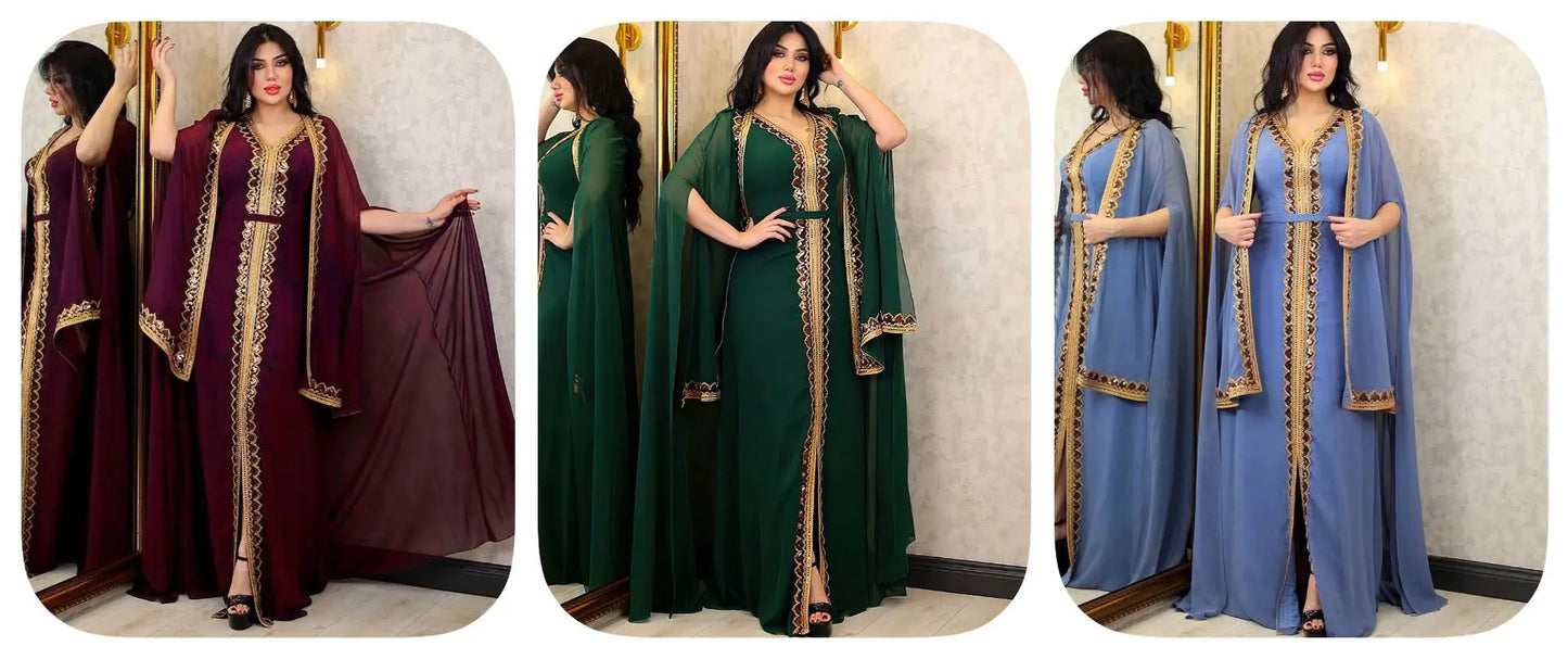 Elegant Muslim Abaya for Women Dress 2 Piece Set Chiffon Cloak Caftan Indian Party Dresses Sequins Kinono Robe Vestidos Abayas.
