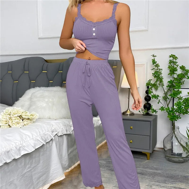 Zweiteiliges Pyjama-Set für Frühling und Sommer für Damen, Nachtwäsche, Spitzen-Hosenträger, Oberteile und lange Hosen, Pijamas, Loungewear.