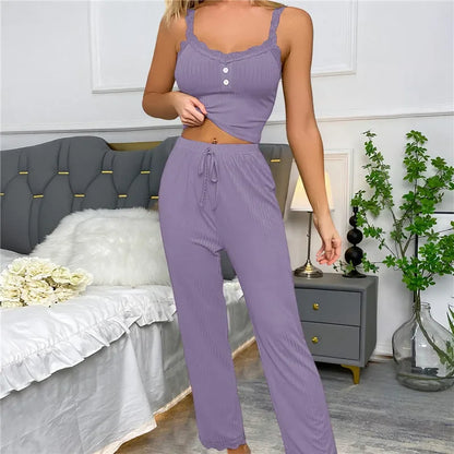 Zweiteiliges Pyjama-Set für Frühling und Sommer für Damen, Nachtwäsche, Spitzen-Hosenträger, Oberteile und lange Hosen, Pijamas, Loungewear.