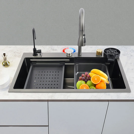 Single Bowl Kitchen Sink Waterfall Bar Sink Stainless Steel Sink with Tap Silver Rectangular