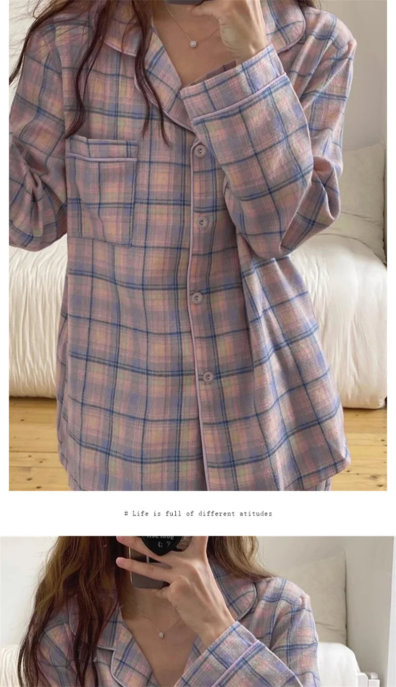 Pajamas Female Autumn and Winter Long-Sleeved Sweet Homewear Two-Piece Tide Cardigan Lapel Plaid Homewear 1.