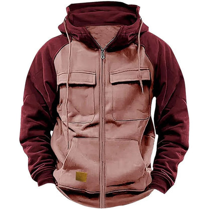Men's Hooded Sweatshirt Zipper Patchwork Fleece Jacket Warm Sporty Autumn Winter with Multiple Pockets Fashionable Hood.
