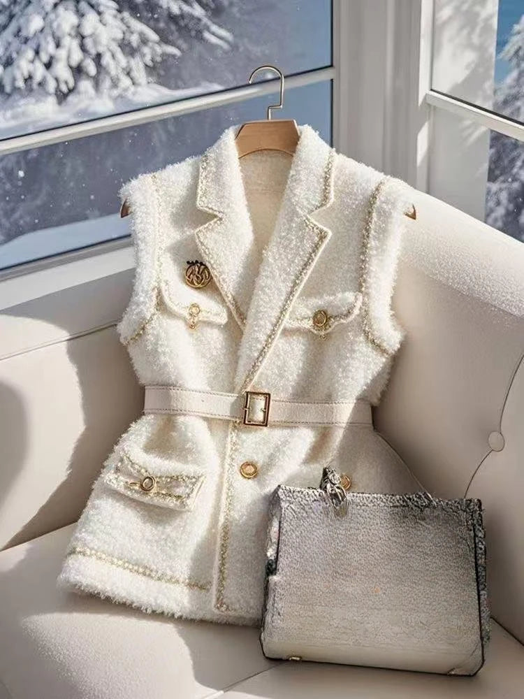 Korean Fashion Weißen Anzug Weste Frauen Kleidung Herbst Neue Hohe Taille Elegante Abnehmen Ärmellose Mantel Frauen Tops Koreanische Mode.