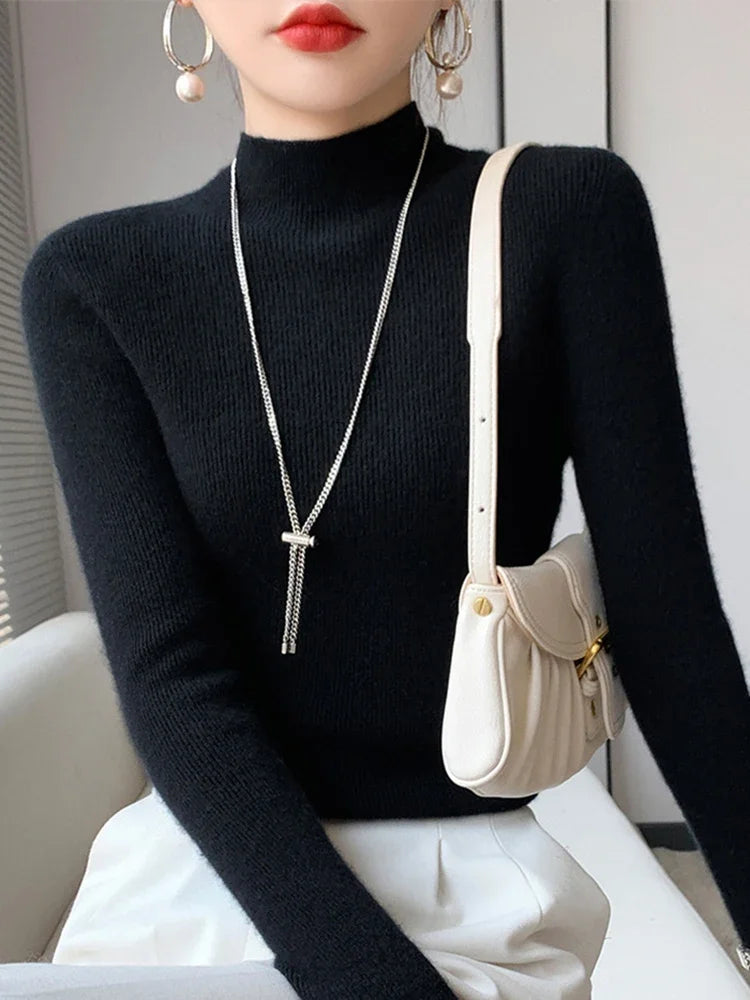 Herbst Winter Frauen Pullover Slim Fit Hohe Strecth Pullover Langarm Inneren Tragen Mock Neck Gestrickte Tops Koreanische Mode Jumper.