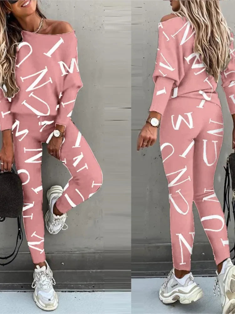 Autumn New Women's Fashion Letter Print Sexy Off Shoulder Long Sleeved Leggings Long Pants Casual Comfortable Two-piece Set.