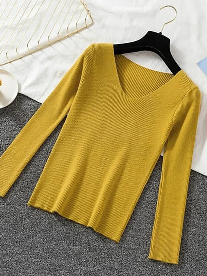 2025 mode V-ausschnitt Elastische Grundlegende Top Neue Frauen Pullover Herbst Winter Langarm Pullover Weibliche Winter Solide Strick Jumper