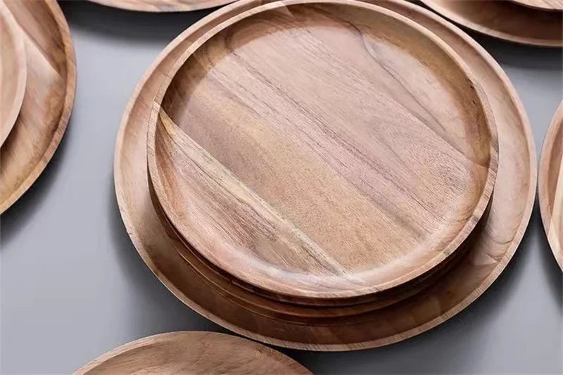 15/20/25cm Wooden Round Serving Platter Tray Retro Wood Pizza Salad Plate Fruit Dessert Tray Bread Cake Container Snacks Dish.