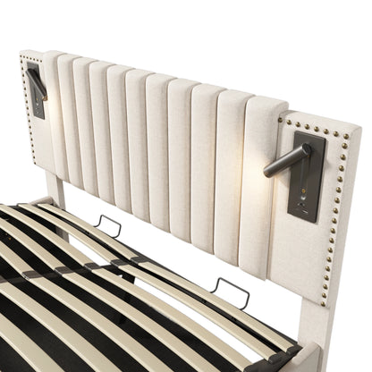 KOMHTOM Polsterbett Doppelbett, Leselicht und USB-Ladefunktion im Kopfteil, Baumwollmaterial, ohne Matratze