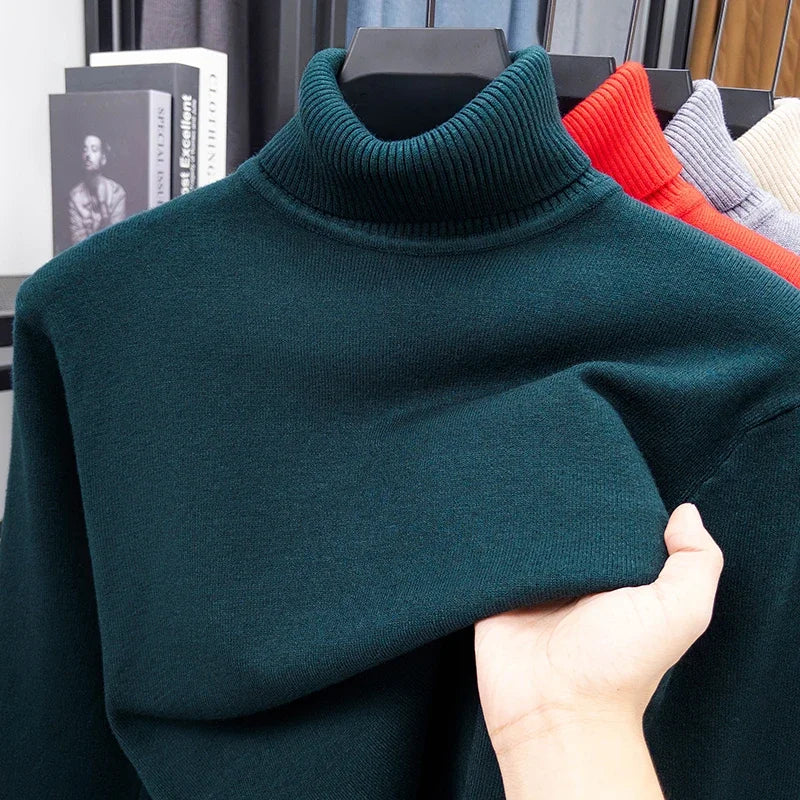 Autumn Mens High Quality Knitted Turtleneck Sweater Slim Fit Long Sleeve Anti-pilling Pullover Solid Color Trend Men Streetwea