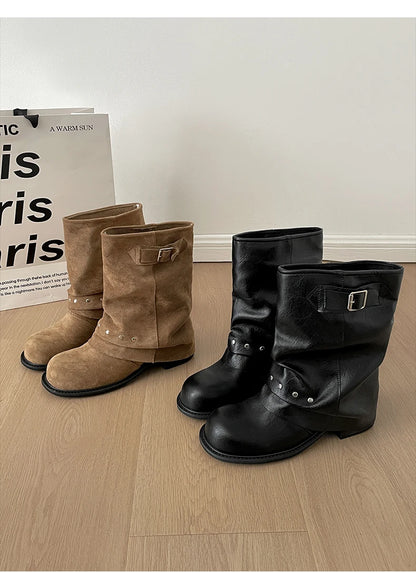 Winter Pleated Women Western Ankle Boots Fashion Rivet Belt Buckle Shoes Ladies Concise Vintage Thick Heel Short Booties.