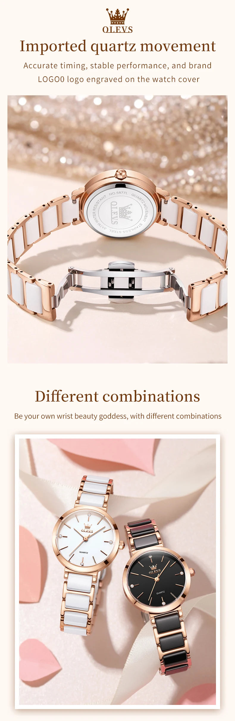 OLEVS 5877 Japan Quartz Movement Woman Watch Simple Elegant Luxury Rose Gold Ceramics Strap Waterproof Ladies Dress Wristwatch.