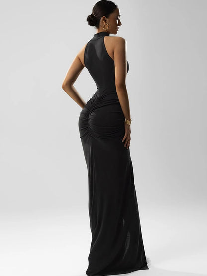 Whatiwear Off Schulter Mode Maxi Kleid Frauen Geraffte Rollkragen Ärmel Splits Robe Mitternacht Prom Party Elegante Vestidos.