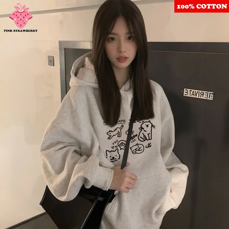 Cute Cat Print Hoodies Women Autumn Winter 2025 New Fashion Street Loose Casual Kangaroo Pouch Sweatshirt Y2K Top kawaii clothes.
