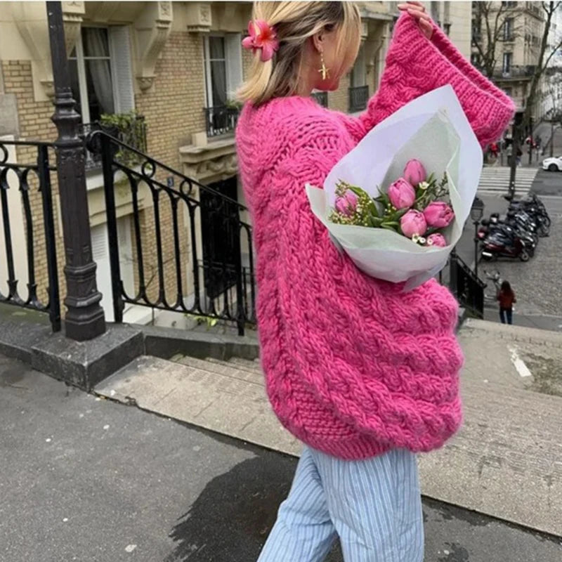 Oversize Stricken Pullover Frauen Casual Faul Rundhals Knick Solide Pullover Weibliche Herbst Winter Lose Ärmeln Strickwaren Dame.