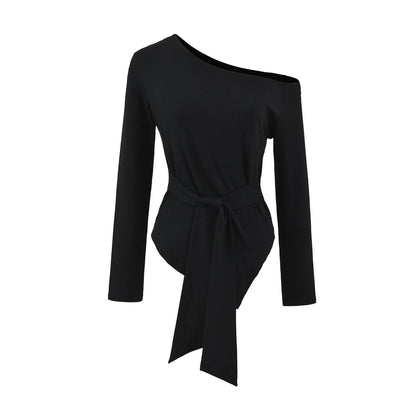 Sexy Long Sleeve T-Shirt Women's Waist Cinched Shoulder Bared Strap Design Autumn 2025 Irregular Halter Neck Top for Trendy Girl