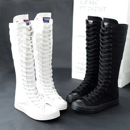 Women Shoe Canvas Casual High Top Shoes Long Boot Lace-Up Zipper Comfortable Flat Boot Sneakers Tenis Feminino Spring Autumn.