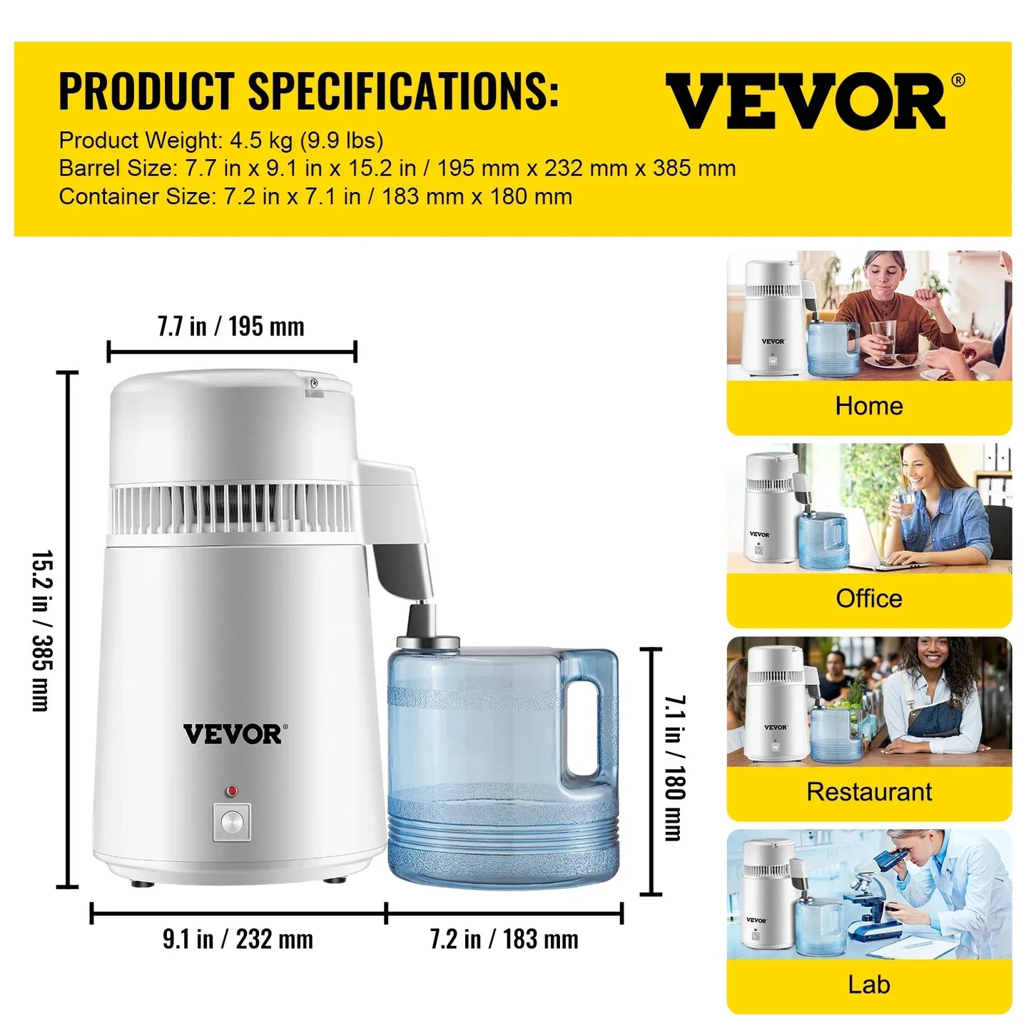 VEVOR 4L Water Distiller Purifier Filter Dispenser Heating Drinking Bottle Softener 304 Stainless Steel Home Appliance for Offic.
