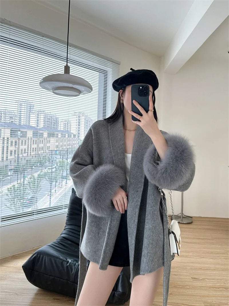 Mode Woolen Jacke mit gürtel Frauen Mantel 2025, Neue Herbst Winter Temperament Lose Strickjacke Weibliche Outwear