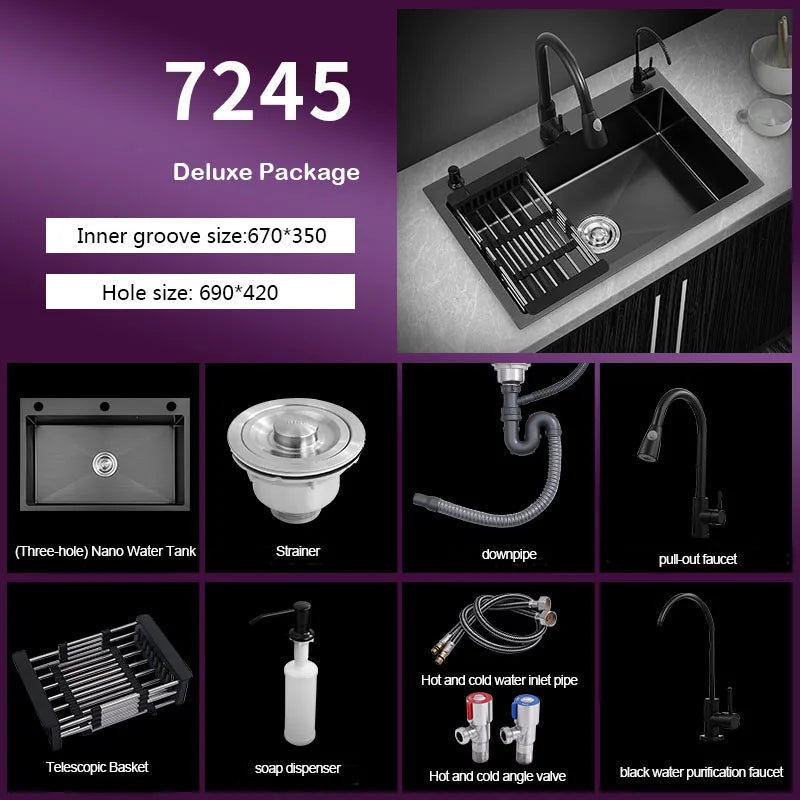 kitchen sink Black nano-sink single-slot household hand-washing basin kitchen large 304 stainless steel sink sink bowl