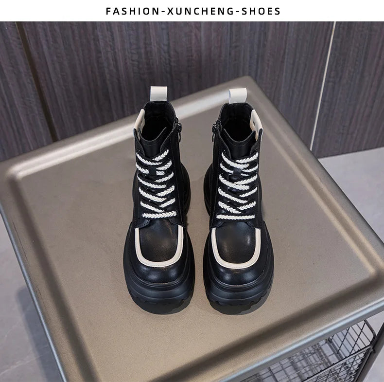 WOIZGIC Women Ladies Mother Genuine Leather Ankle Boots Shoes Lace Up Increase Inside British Style Autumn Winter Plush Fur Warm.