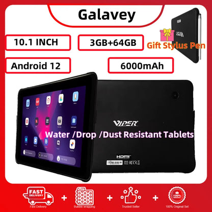 Gift Stylus Pen Type-C 10.1'' Android 12 Water /Drop /Dust Resistant Tablets 3GB RAM 64GB ROM Dual Camera HDMI Port 6000mAh Z11.