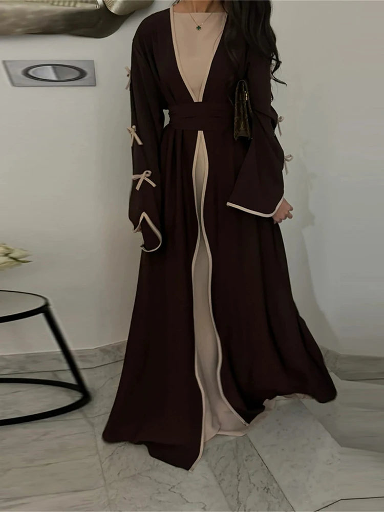 Ramadan Eid Open Modest Kimono Butterfly Bow Abaya Dubai Luxury Muslim Abayas for Women Islam Kebaya Caftan Robe Femme Musulmane.