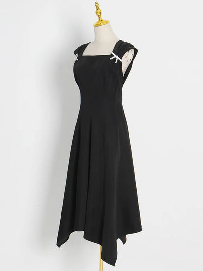 TWOTWINSTYLE Elegante Schwarz Kleid Für Frauen Quadrat Kragen Ärmellose Hohe Taille Solide Patchwork Bowknot Midi Kleider Weiblichen Stil.