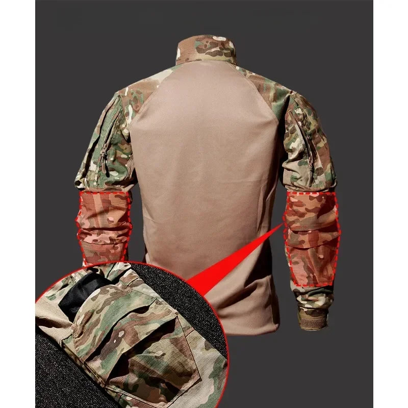 Autumn Tactical Sets Men Outdoor Breathable Short Sleeve Tshirt+Waterproof Straight Pant 2 Pcs Suits Camo Multi-pocket Cargo Set.