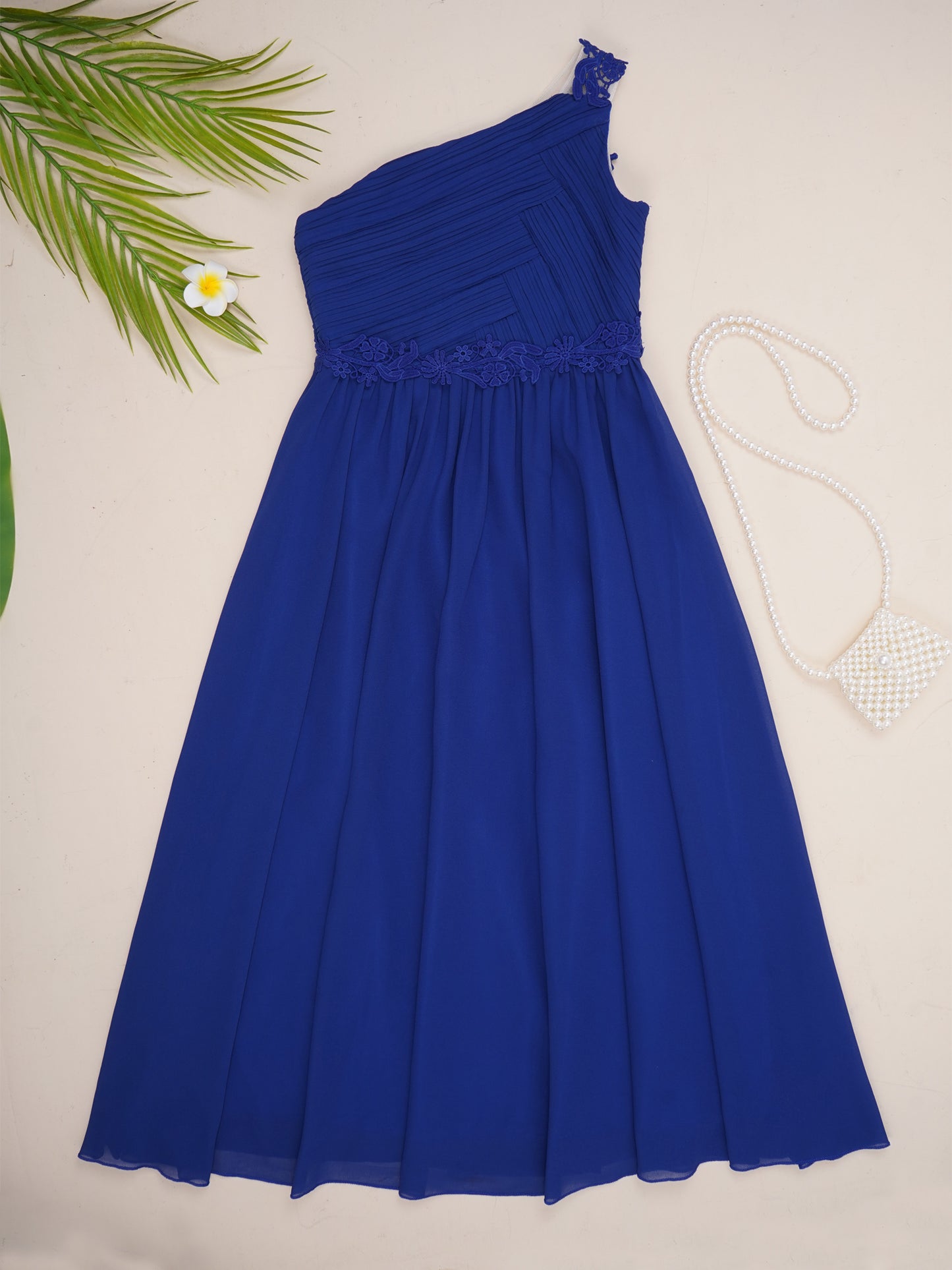 Mädchen Hochzeit Brautjungfer Kleid One Shoulder Elegante Guipure-Spitze Geraffte Chiffon Maxi Party Kleider Geburtstag Abend Abendkleid