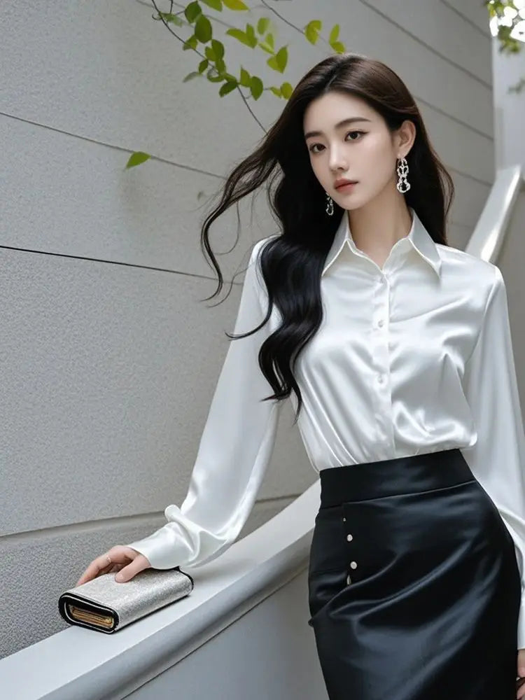Elegant Silk Office Shirts Women Korean Fashion Y2k Clothes Slim Long Sleeve White Black Blusas Mujer Workwear Tops and Blouses.