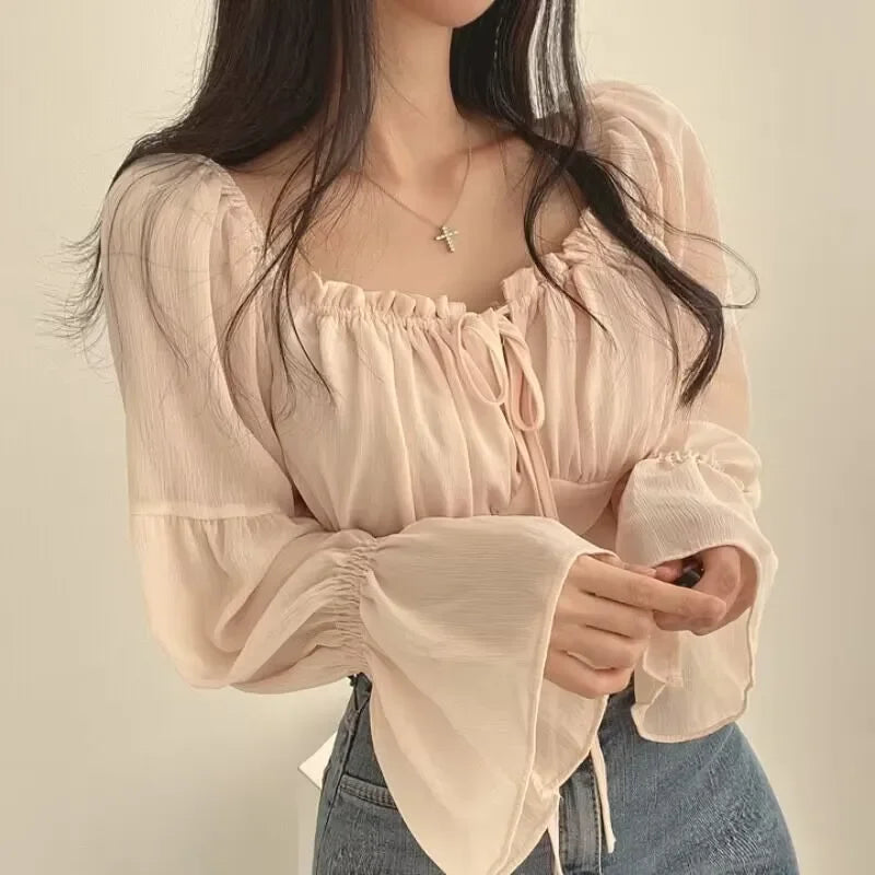 Chic Korean Summer 2024 Square Collar Wooden Earring Sleeve Chiffon Blouse Waist-Fitted Flare Cropped Shirt For Women.