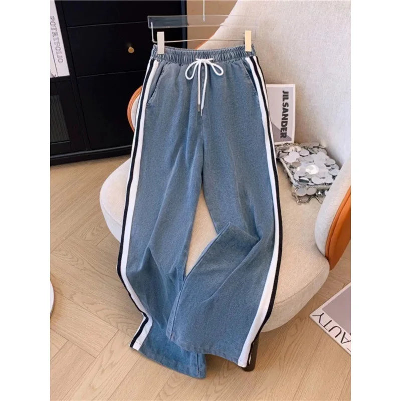 Pant Set Women Two Piece Sets Denim Splice Zipper Matching Sets Casual Coats Wide Leg Long Pants Lace Up Elastic Waist 2025.