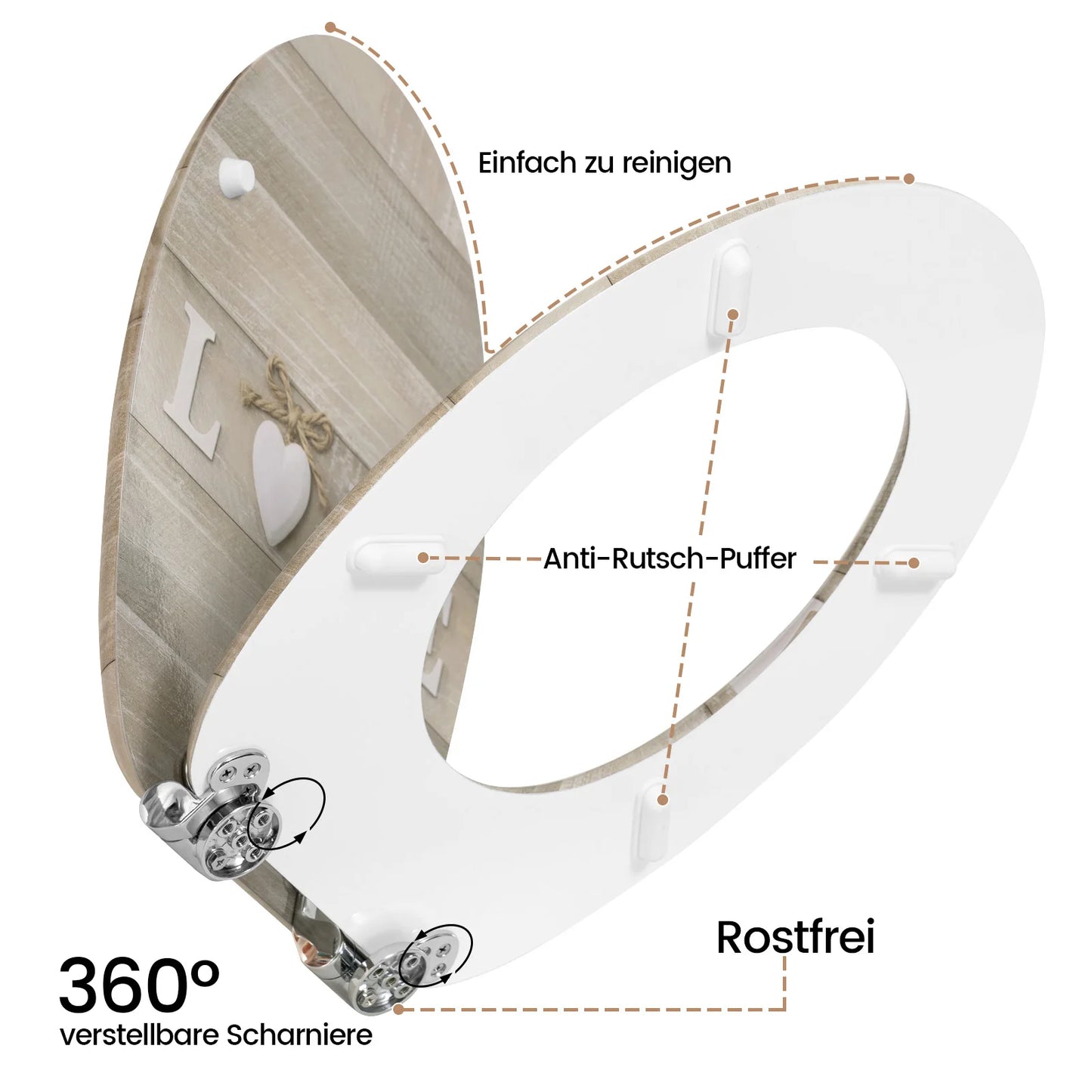 O-förmiger Toilettensitz, verstellbare Scharniere, Toilettendeckel mit Motiv, Soft-Close-Mechanismus für Badezimmer