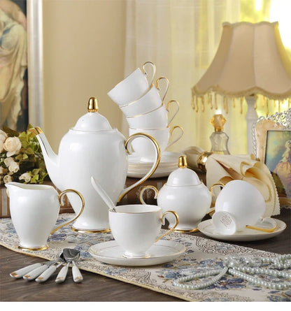 China Coffee Set White Gold Porcelain Tea Advanced Pot Cup Ceramic Mug Sugar Bowl Creamer Teapot Milk Jug Teaset.