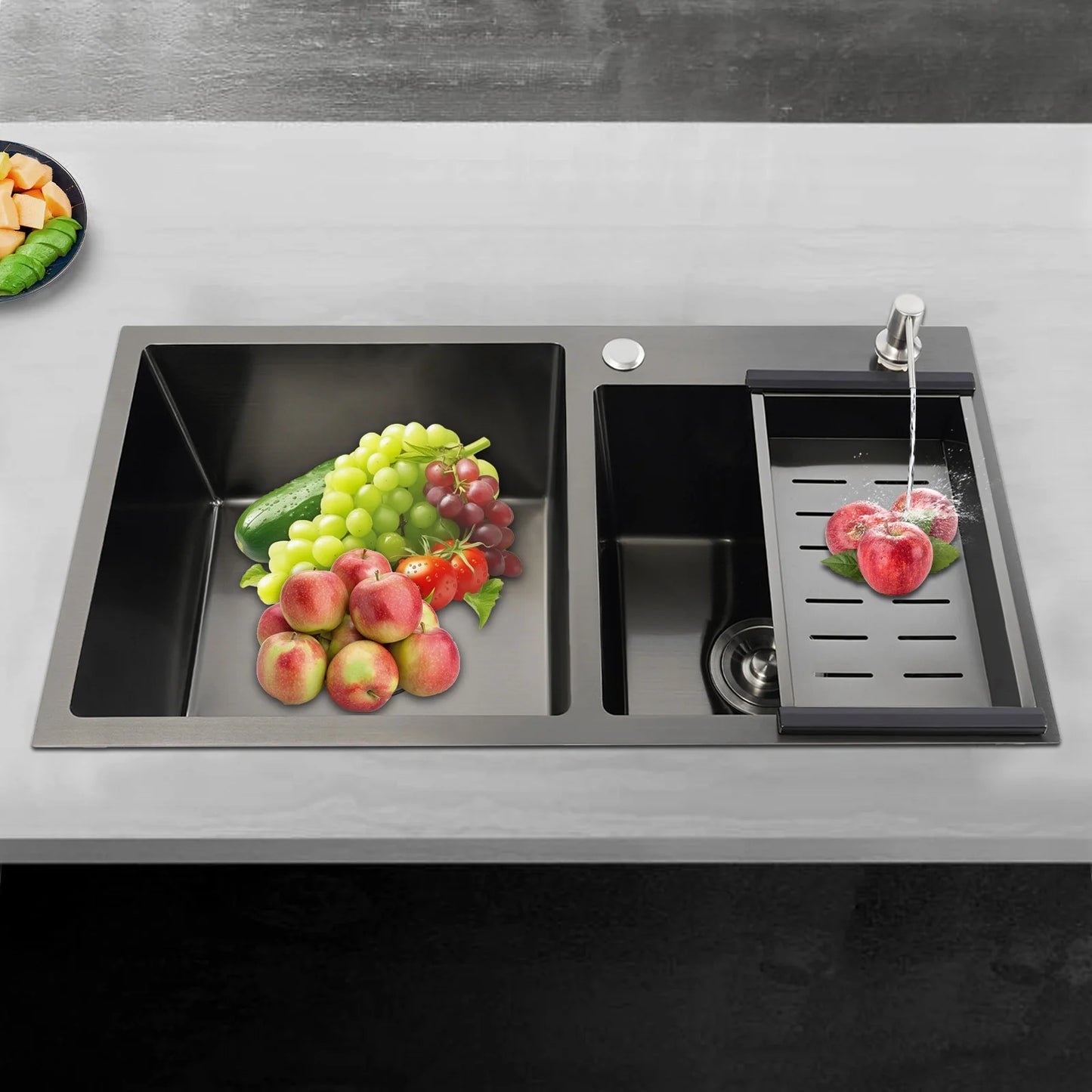 Edelstahlspüle, moderne Küchenspüle, Black Diamond 7843PB, Doppelspüle, Abfluss + Seifenspender zum Reinigen von Geschirr und Gemüse